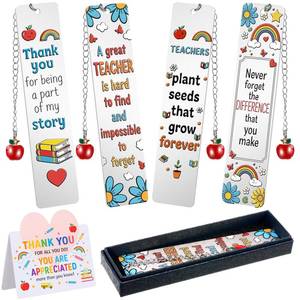 lot 5177 image: Resurhang 4 Sets Metal Teacher Appreciation Bookmarks Teacher Appreciation Gifts in Bulk Metal Book Markers with Box Card Tassel and Apple Charm