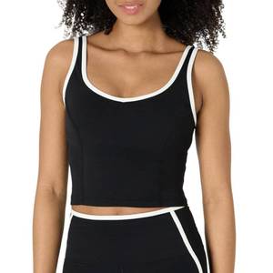 lot 5182 image: Amazon Essentials Womens Active FormFlex Buttery Soft Light Support Crop Tank with Bra and Contrast Trim, BlackWhite, Medium