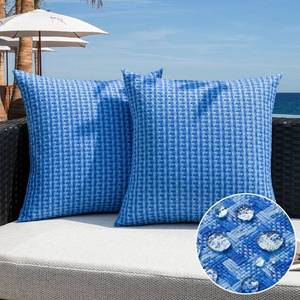 lot 5203 image: Kevin Textile Outdoor Waterproof Throw Pillow Covers Pack of 2 Weaving Texture Water Resistant Outside Decorative Cushion Covers for Garden Patio 16x16 Inch, Blue