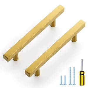lot 5240 image: Ravinte 30 Pack Gold Cabinet Handles 4 Inch Hole Center Brushed Brass Square Cabinet Pulls Gold Hardware for Kitchen Cabinets - 6-38 Inch Total Length