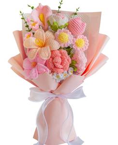 lot 5245 image: Loiiatto Crochet Flower Bouquet, Completed Handmade Crochet Flowers, Lily of The Valley, Roses, Tulips Mix Knitted Flowers Bouquet for Mothers Day, Anniversaries, Graduation, Birthday (Pink)