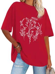 lot 5279 image: Womens Oversized Tshirt Graphic Tees Crew Neck Summer Short Sleeve Loose Fit Tops, Red Flower, 3XL