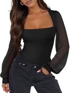 lot 5287 image: PINKMSTYLE Womens Sexy Square Neck Double Lined Mesh Long Sleeve Bodysuit Fashion Fitted Y2k Going Out Tops Black X-Large