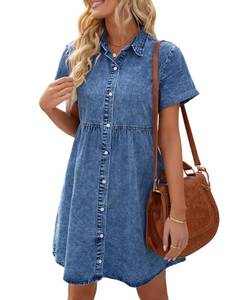 lot 5319 image: LookbookStore Denim Dress for Women Short Sleeve Summer Dresses Button Down Flowy Tiered Babydoll Jean Dress Medium Blue Size Large
