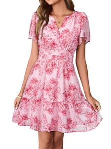 lot 5320 image: Simplee Women 2026 Floral Summer Short Dress Short Sleeves V Neck Chiffon A-Line Casual Flowy Boho Mini Dresses blue Floral S
