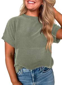 lot 5325 image: EVALESS Short Sleeve Shirts for Women Trendy Teacher Outfits Ribbed Knit Striped Womens Tops Casual Spring Summer Tops Cute Crewneck Loose Fit Patchwork T Shirts Vineyard Green Large