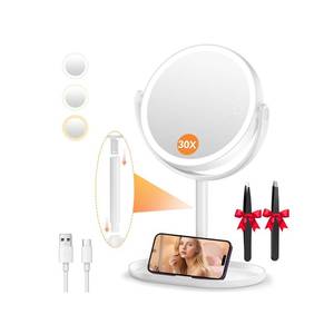 lot 5355 image: Auxmir Makeup Mirror with Lights, Double Sided 30X1X Magnifying Mirror with Light, 3 Color Stepless Dimmable with Touch Screen, Rechargeable 360° Free Standing Vanity Mirrors for Bathroom, Bedroom