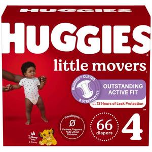 lot 5361 image: Huggies Little Movers Baby Diapers, Size 4 (22-37 lbs), 66 Ct, Packaging May Vary