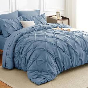 lot 5363 image: HIMEET Full Size Comforter Set Grayish Blue - 7 Pieces Pintuck Bed in a Bag, Pinch Pleat Modern Room Decor, All-Season Soft Bedding Gift with Comforter, Sheets, Pillowcases & Shams