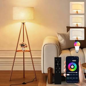 lot 5373 image: homzuri 58.3 Mid-Century Tripod Floor Lamp with Shelf, Hidden Wiring, RGB Dimmable Bulb Included, Remote & App Control, Iron Corner Standing Lamp with Linen Shade for Living Room Bedroom