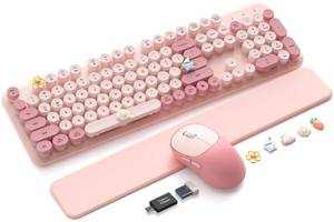 lot 5377 image: Wireless Keyboard and Mouse Combo, Typewriter Keyboard with Detachable Wrist Rest, Full-Size Retro Round Keycaps, Smart-Sleep, 2.4GHz Stable Connection for MacWindowsPC, Trueque(Rose Mist Pink)