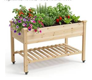 Raised Garden Bed with Lockable Wheels, 48 x 24 x 32 Inch Wooden Planter Box with Storage Shelf, 300 lb Capacity Mobile Outdoor Planter for Vegetables, Flowers, Herbs, Natural Wood