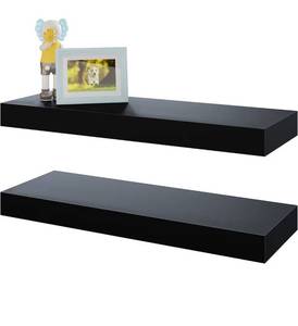lot 5125 image: BAMEOS Floating Shelves, Black Wall Mounted Wooden Shelves with Invisible Brackets Set of 2, Hanging Wall Shelves Decoration for Bedroom, Bathroom, Living Room and Kitchen