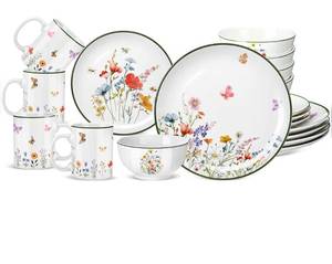 lot 5163 image: 16 Pcs Wildflower Ceramic Dinnerware Set for 4 Guest Floral Dish Set Spring Butterfly Dinner Plates Salad Plates Bowl Mug Kitchen Gift for Spring Kitchen Holiday Party Decoration