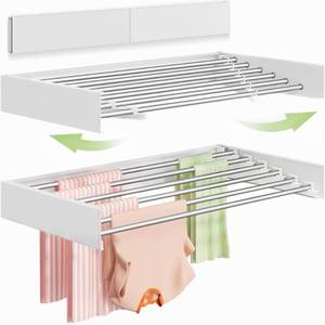 lot 5545 image: Vikaqi Wall Mounted Clothes Drying Rack 40 inches, Foldable Wall Mount Laundry Rack Folding Indoor, Drying Rack Clothing Collapsible, Hidden Space Saver with Wall Template, 6 Rods, White