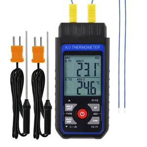 lot 28096 image: Dual-Channel KJ Thermocouple Thermometer with 4 K-Type Thermocouples -328°F  2501°F Measurement Range HVAC Temperature Meter Gauge with Data Hold, MAXMINAVG, HiLo Backlit Alarm, ADJ Compensation - Retail $29