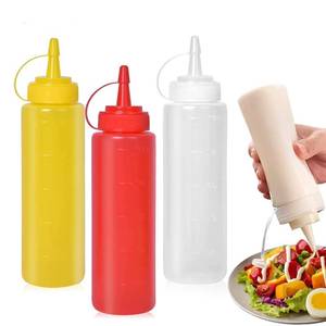 lot 28101 image: Condiment Sauces Squeeze Bottles - (3Pcs-13.5oz),with Leak-Proof Cap and Scale Line.Plastic Squeeze Squirt Bottles for Ketchup,Mustard,Oil, Salad and More. - Retail $10