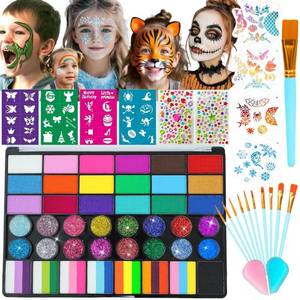 lot 28111 image: Face Painting Kit for Kids, 42 Colors Professional Face Paint Makeup Kit Non-Toxic Water Activated Facepaint Palette with Brush, Stencil, Sponge, Gem, for Party Halloween Christmas (42 Colors) - Retail $19