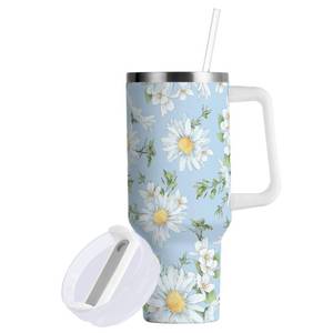 lot 28124 image: 30 oz Tumbler with Straw & Handle - 2 in 1 Lids Leak Proof Tumblers - Large Insulated Stainless Steel Cup - BPA-Free Water Bottle Travel Metal Mug for Women Man,White Daisy Flower Light Blue - Retail $36
