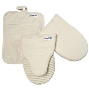lot 28131 image: Magnetic Oven Mitts and Pot Holder Set, 3 Piece Silicone Oven Mitts Heat Resistant to 500F, Hot Pad with Magnetic Storage, Premium Cotton, Non-Slip Kitchen Mitts & Oven Gloves, (Vanilla Cream) - Retail $40
