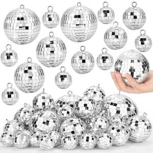 lot 28144 image: 27 Pcs Disco Ball Decor, 6 Size Disco Ball Ornaments Mini Mirror Silver Disco Balls Reflective Hanging, Small Balls Hanging Ornaments for Cake Topper, 70s Themed Wedding Party - Retail $10