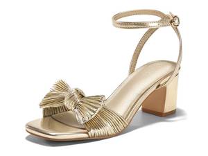 lot 28150 image: Womens Bow Heels Sandals Block Low Heel Wedding Bride Dressy Shoes Open Toe Ankle Strap Sandals, Gold, Size 9 - Retail $35