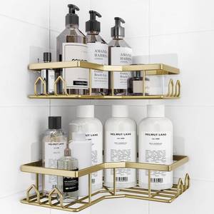 lot 28160 image: Adhesive Shower Caddy, 2 Pack Corner Bath Organizer, Rustproof Stainless Steel Shower Shelves with Large Capacity, No Drilling Shelves for Bathroom Storage, Home, Kitchen D�cor(Gold) - Retail $15