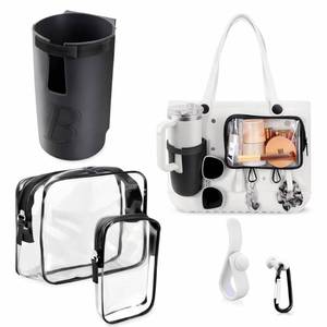 lot 28181 image: 5-Piece Bogg Bag Accessories Set Compatible with Original, Baby & Simply Southern Totes - Includes Clear Insert Pouches, Silicone Cup Holder (Fits 40oz Tumblers) & Hooks (Black) - Retail $20