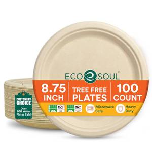 lot 28205 image: Compostable Paper Plates 8.75 Inch, 100 Pack �� Heavy Duty Disposable Dinner Paper Plates, Natural Bagasse, Leak-Resistant, Microwave Safe, Eco-Friendly Round Plates for Parties & Catering - Retail $21