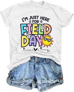 lot 28226 image: Im Just Here for Field Day Tshirt Woman School Field Day Shirts Teacher Students T-Shirt Casual Short Sleeve Tops White - Retail $20