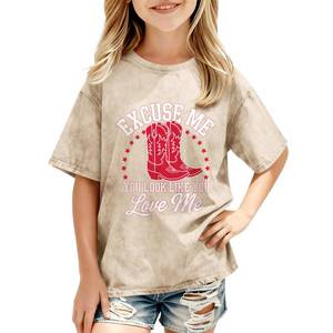 lot 28232 image: Western Cowgirl Shirts for Girls High Boots Letter Print Tshirt Rodeo Country Shirt Cowboy Graphic Acid Wash Tees(Apricot,150) - Retail $15