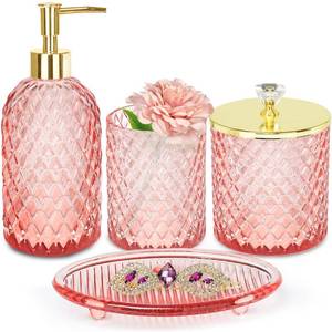 lot 38333 image: Pink Bathroom Accessories Set, 4 Pcs Glass Bathroom Accessory Set Complete wSoap Dispenser, Toothbrush Holder, Qtip Holder, Vanity Tray, Gold Bathroom Set Decor, Gift for Girl Home Apartment - Retail $25