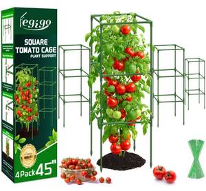 lot 38340 image: 4 Pack Square Tomato Cages- 45 Inch Heavy Duty Tomato Trellis for Climbing Plants Outdoor, Tomato Plant Support Stakes Cage Garden Trellis for Garden Raised Garden Bed Cucumbers Vegetables - Retail $28