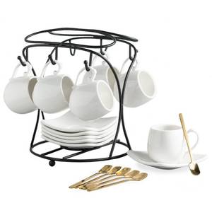 lot 38352 image: Espresso Cups with Saucers Set, Porcelain Coffee Cups and Metal Stand and Spoons, Small Demitasse Cups for Espresso, Latte, Cafe Mocha, Cappuccino, and Tea, 3 OZ, Set of 6, White - Retail $33