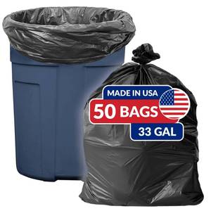 lot 38359 image: 33 Gallon Trash Bags  50 Count  Made in USA  Heavy Duty  Black Multi-Use Garbage Bags - Retail $17