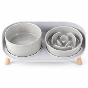 lot 38366 image: Elevated Slow Feeder Dog Bowls - Ceramic Food and Water Bowl Set with Stand - Raised Pet Dishes for Small and Medium Sized Dogs - Retail $36