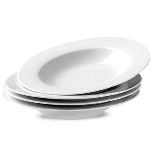 lot 38368 image: Ceramic Soup Bowls Shallow Plates, Mothers Day 4 Pack White Dinner Bowls Plates, Porcelain Wide Rim, 8.5 (8.5 oz) Shallow Bowls Ideal for Soup Dessert Salad and Pasta, Microwave and Dishwasher Safe - Retail $24