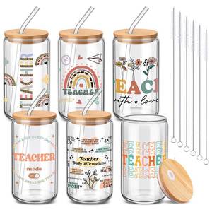 lot 38372 image: 6 Pcs Back to School Teacher Gifts Bulk, 16 oz Glass Cups with Lid and Straw, Teacher Appreciation Can Shaped Drinking Glasses, Coffee Tumblers for First Day of School Classroom Party Favors - Retail $29