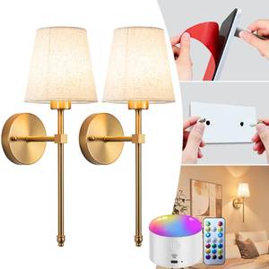 lot 38373 image: Battery Operated Wall Sconce Set Of Two with Remote Control, Indoor Not Hardwired Dimmable Battery Operated Wall Sconce Light Fixture with Fabric Linen Shade For Bedroom Living Room, Bulb Included ( C - Retail $60