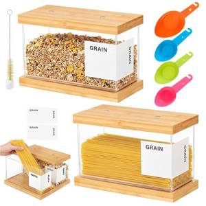 lot 38374 image: 2 Pcs 2L Bamboo Food Dispenser Kitchen Organizers and Storage with Labels Airtight Pantry Organizers and Storage Container with Measuring Cups for Cereal, Rice, Flour, Sugar, Snack - Retail $30