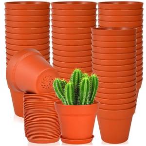 lot 38376 image: June Fox 60 Pack Small Plant Pots Indoor 4 Inch Plastic Planter with Drainage Holes and Saucers Premium Terracotta Pots Bulk for Succulent, African Violets, Flowers, Seed Starting - Retail $23