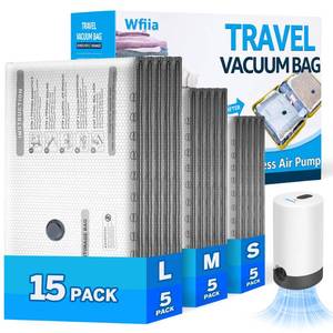 lot 38378 image: 15 Packs Vacuum Bags for Travel with Rechargeable Pump, 3 Sizes Vacuum Seal Bags for Clothing, Compression Vacuum Travel Bags for Luggage, Vacuum Packing Bags for Closet Organization - Retail $25