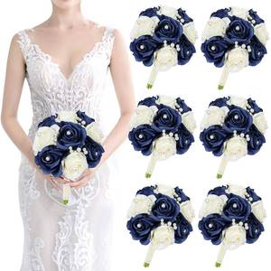 lot 38384 image: Bridesmaids Bouquets Set of 6 - Artificial Flowers Navy Blue Wedding Bouquet 7 Inch Bride Bridesmaid Bouquets with Pearls for Wedding Marriage Proposal Party Anniversary Decor - Blue & White - Retail $50