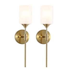 Gold Wall Sconce Set of 2 with White Cylinder Glass Shades Modern Mid Century Bathroom Vanity Wall Light Fixtures Industrial Brushed Brass Wall Lamp for Bedroom Mirror Living Room Restaurant - Retail: $110