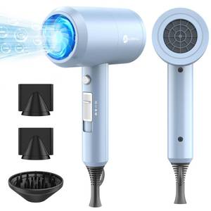 lot 38389 image: Professional Ionic Hair Dryer, Powerful 1800W Fast Drying Low Noise Blow Dryer with 2 Concentrator Nozzle 1 Diffuser Attachments for Home Salon Travel (Matte Blue) - Retail $50