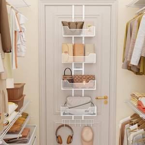 lot 38391 image: Purse Organizer Over the Door,Adjustable Metal Purse Holder Handbag with 5 Hooks, Purse Organizer for Closet, Bathroom Door Organizer,White - Retail $33