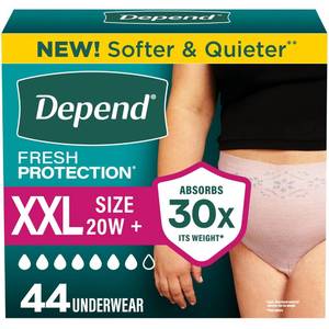 lot 38402 image: Depend Fresh Protection Adult Diapers, Incontinence Underwear for Women, Disposable, Maximum, XXL, Blush, 44 Count (2 Packs of 22) - Retail $42
