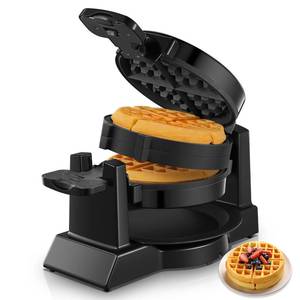 lot 38405 image: Waffle Maker, 1400W Double Belgian Waffle Iron 180° Flip, 8 Slices in 3 Mins, Rotating & Nonstick Plates, Anti-Scald, Removable Drip Tray Easy to Clean, Cool Touch Handle, Space-Saving Storage(Black) - Retail $50