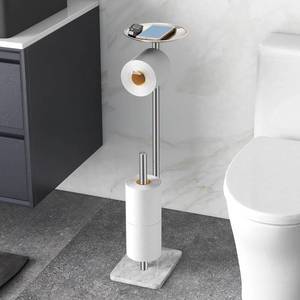 lot 38415 image: Toilet Paper Holder Stand for Bathroom Floor Standing Toilet Roll Dispenser Storages 4 Reserve Rolls, with Top Storage Shelf for Cell Phones, Wipe, Wallet and More(Marble Brush Nickel) - Retail $43