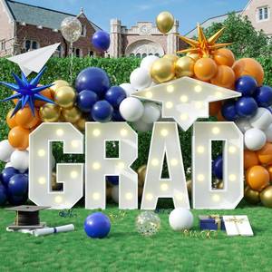 lot 38418 image: 3FT Marquee Light Up Letters GRAD, Mosaic Letter Frame White Giant with Bachelors Hat Lights Mosaic Craft Kits DIY for Graduation New Year Anniversary 2026 Party Graduations - Retail $23